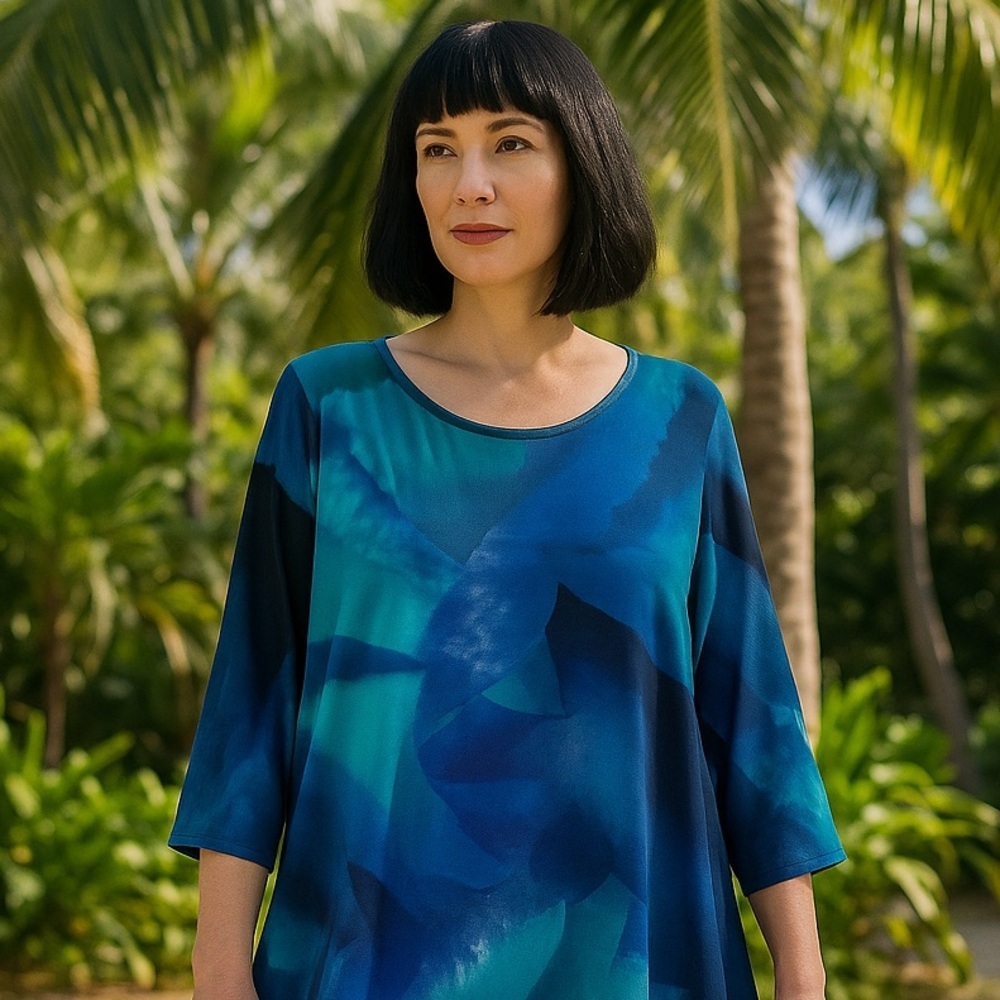 Clara Sun Woo Artsy Watercolor Print Tunic Top Blue Teal Green Medium